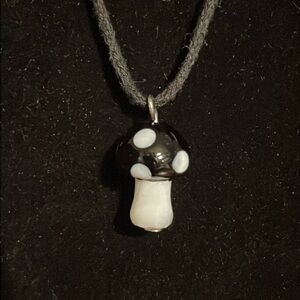 Black and White Glass Mini Mushroom Novelty Necklace on Black Cord with Extender